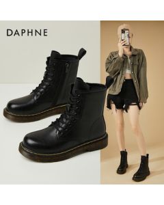 DAPHNE Women's Martin Boots, British Style Ankle Boots, Autumn Lace-Up Leather Boots, Black 4cm, Size 37 (Standard)