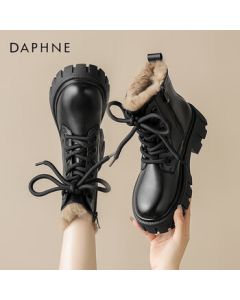 Daphne Women's Martin Boots Genuine Leather High-Heel Thickened Warm Ankle Boots Versatile Shoes 4023404040 Thick Pile Black 37