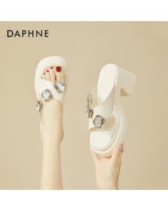 DAPHNE French Block Heel High Heel Sandals for Women, Summer Fashionable Minimalist Strappy Slide Sandals with Rhinestones - Beige, Size 35