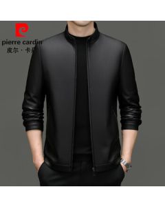 Pierre Cardin Men's PU Leather Jacket, Thin Stand Collar PU Coat for Spring and Autumn, Business Casual PU Outerwear for Young and Middle-Aged Dads