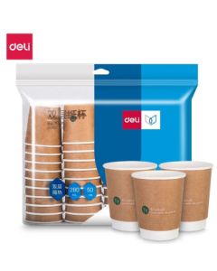 deli 280ml Disposable Paper Cups, Kraft Paper Outer Layer, Double-Layer Thickened for VIP Reception, 50pcs/Bag, 19209