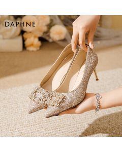 Daphne Women's High Heels Elegant Rhinestone Wedding Shoes Bridal Shoes Xiuhua Two-Way Wear Shallow Slingbacks Champagne 38