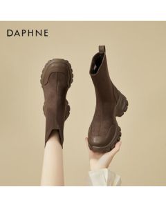 Daphne Platform Ankle Boots for Women, Autumn/Winter Short Height-Increasing Stretchy Slim Boots, Versatile Suede Sock Boots in Khaki with Fleece Lining, Size 36