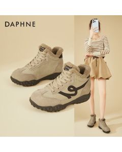 Daphne Platform High-Top German Training Shoes for Women, Winter Fleece-Lined Warm Cotton Shoes, Retro Hidden Wedge Casual Shoes - Beige, Size 36