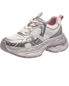 CAMEL Women's Silver String Dad Shoes, Patchwork Mesh Thick-Soled Height-Increasing Casual Shoes L25A283095 Beige/Gold/Pink Size 35