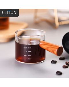 CLITON Japanese-style Wooden Handle Glass Milk Pitcher with Scale, Heat-Resistant Frothing Pitcher, Dual-Spout Small Milk Jug, 75ml