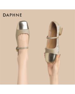DAPHNE Mary Jane Shoes for Women - Chunky Heel Dress Pumps, Fashionable Chinese-Style Leather Shoes, Champagne, Size 36