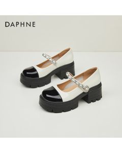 DAPHNE Platform Mary Jane Shoes for Women - French Style Round-Toe Elegant Flats, Fashionable and Versatile Chunky Heel High Heel Shoes, Beige, Size 35