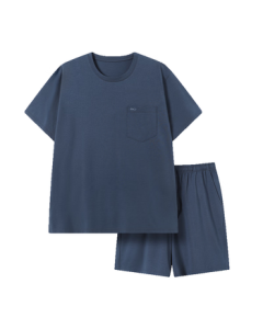 JINGDONG Homemade [10A Antibacterial] 50-count Cotton Modal Cooling Pajama Set for Men, Short-Sleeve T-Shirt and Homewear Outfit, Dark Blue, Size L