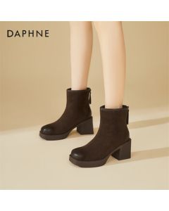 DAPHNE Daphne Back Zipper Slim Boots Women's Fashion Boots with Fleece, Versatile Chunky Heel High Heel Ankle Boots for Women, Brown, Size 39