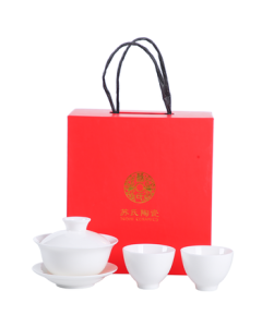 SUSHI CERAMICS Three-Tiered Lidded Bowl Dehua White Porcelain Kung Fu Tea Set, Tea Bowl with Fine Jade Glaze and Thin Body, Includes Two Tea Cups F0032 Mid-Autumn Festival Gift