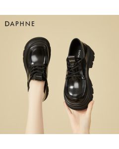 Daphne Commuter Formal Shoes Women's Platform Loafers Fashion Versatile Deep V Lace-Up Black Leather Shoes Size 37 Black