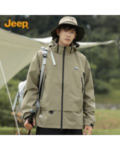 JEEP Men's Jacket Spring/Autumn Loose Hooded Sport Outdoor Windbreaker Coat 074 Military Green L