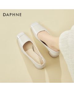 DAPHNE Elegant Square-Toe Chunky Heel Women's High Heels Professional Work Shoes Leather Pumps Versatile Low-Cut Flats - Beige, Size 36