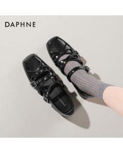 Daphne Bow Flat Shoes for Women, Spring/Summer Retro Shallow Cut Small Leather Shoes with Studs, Model 4025101317, Black, Size 39