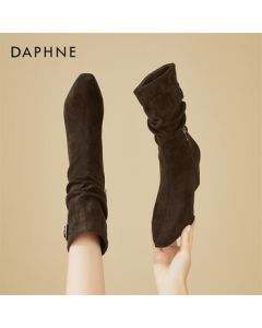 DAPHNE Stacked Boots Women's Belt Buckle Chunky Heel Square Toe High Heel Ankle Boots Fashion Boots Cocoa Brown 39