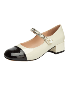 Daphne Women's Single Shoe Retro Mary Jane Shoes with One Strap, Chunky Heel, Two-Tone Pearl Accent Leather Shoes - Beige, Size 40