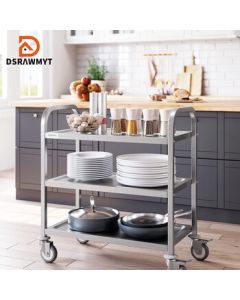 DSRAWMYT Stainless Steel Mobile Food Cart 3-Tier Commercial Serving Cart Dish Collection Cart Restaurant Food Delivery Cart Hotel Serving Trolley