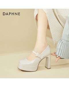 DAPHNE Versatile Minimalist French Heels Women's Fashion Elegant Round-Toe Low-Cut Chunky Heel Leather Shoes Beige 37