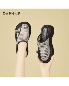 DAPHNE Fashion Hollowed-out Peep-toe Mule Sandals for Women, Summer Flat Roman Weave Trendy Beach Sandals - Black, Size 34