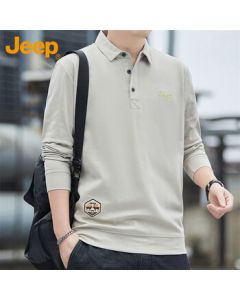 JEEP Men's Long-Sleeve Polo Shirt, Loose Casual Base Layer for Spring and Autumn, Khaki, XL