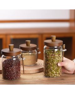 Jun Seventeen WQ Kitchen Sealed Storage Jar Tea Canister High Borosilicate Glass Container [Solid Wood Lid with Spoon 750ml]
