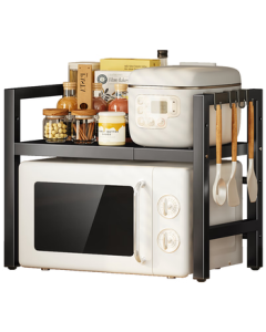 Yicai Nianhua Adjustable Kitchen Shelf, Extendable Microwave Oven Stand, Oven Rack, Countertop Storage Shelf, Double Layer, Black 7230-BK