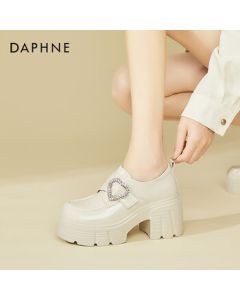 DAPHNE Women's Chunky Heel Loafers - Lightweight British-Style Versatile Flats with Rhinestones, Black Dress Shoes, Beige, Size 40