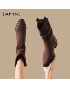 DAPHNE Daphne Women's Short Boots Chunky Heel Mid-Calf Stacked Boots Comfortable Versatile Fashion Boots Brown 36