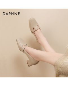 DAPHNE Mary Jane Shoes for Women, Chunky Heel, Low-Cut, French-Inspired Versatile Flats - Beige, Size 36