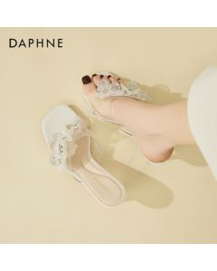 DAPHNE Elegant and Simple Strappy Sandals for Women, Summer Fashion Open-Toe High Heel Flip Flops with Flower and Rhinestone Decorations, Beige, Size 39