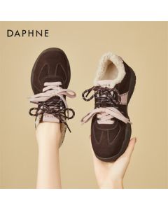 DAPHNE Women's Trainer Shoes with Fleece Lining, Warm Fuzzy Cotton Sneakers, Double Lace-Up Casual Sports Shoes - Coffee, Size 39