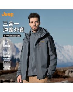 JEEP Men's All-Weather冲锋 Jacket Windproof Three-in-One Hooded Two-Piece Set Spring Casual Travel Hiking Coat