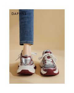 DAPHNE Gray-Red Dad Shoes for Women, 2024 Summer Thick-Sole Height-Increasing Casual Shoes, Breathable Mesh Sneakers, Size 37