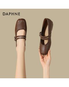 Daphne Mary Jane Women's Shoes Autumn New Style Versatile Shallow Cut Leather Shoes 4025404017 Brown 36