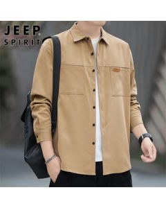 JEEP SPIRIT Men's Long Sleeve Shirt, Autumn Korean Style Casual Shirt with Lapel Collar, Khaki, XL
