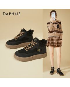 DAPHNE Women's Winter Retro High-Top Platform Sneakers - Casual Lace-Up Canvas Shoes with Fleece Lining for Warmth - Black, Size 37