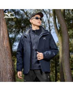 Mizuno Men's Outdoor Windproof Waterproof 3-in-1 Hooded Jacket for Spring and Autumn, Couple's Hiking Coat, Dark Blue L