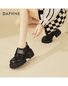DAPHNE Women's Chunky Heel Loafers Fashion British Style Versatile Black Leather Shoes for Commuting - Black, Size 35