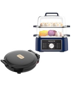 Joyoung Electric Steamer and Pancake Maker Set (Extra Large Capacity 2-Tier Visual Electric Steamer DZ100HG-GZ666 + Multi-Functional Electric Griddle and Pancake Maker JK30-GK651)