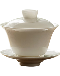 Gold-Inlaid Jade Three-Lid Gaiwan Kungfu Tea Set, Fine Dehua White Porcelain Tea Cup and Bowl, Early Summer 120ml