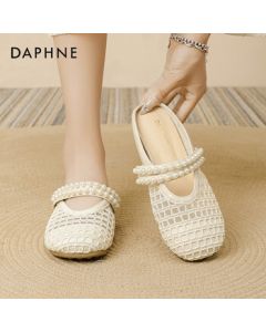 Daphne Peep-Toe Pearl Retro Cutout Sandals for Women, Summer Comfort Outdoor Slippers, Off-White, Size 38