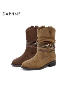 DAPHNE Women's Short Boots Chunky Heel British Style Western Cowboy Boots Khaki Green 38