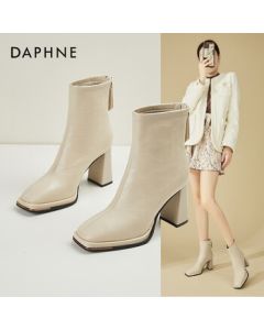 Daphne Square-Toe Chunky Heel Slim Boots for Women, Winter French Versatile Fashion Boots with Fleece Lining, Ankle Boots for Women, Beige, Size 34