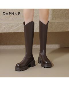Daphne Women's Knee-High Boots British Versatile Riding Boots Thick-Soled Leather Boots High Heel Shoes 4023605031 Brown 36