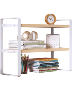 Anerya Desktop Bookshelf Multi-layer Iron Shelf Book Storage Stand Double-layer Nordic Maple Wood - White Frame 40cm Length