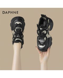 DAPHNE Chunky Platform Dad Sneakers for Women, Versatile Lace-Up Casual Shoes with Height-Enhancing Design - Black Gold, Size 37