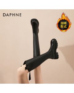 Daphne Women's Knee-High V-Cut Boots New Thick-Soled Platform British Style Riding Boots Black Fleece-Lined Size 37