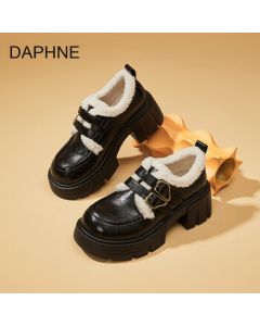 DAPHNE Women's Platform Loafers Winter 2025 New Collection Fluffy Lined Cotton Shoes Versatile British Style Height-Increasing Chunky Heel Leather Shoes