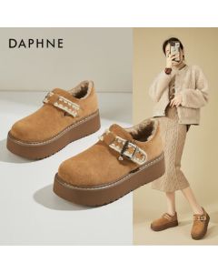 Daphne Platform Birkenstock Women's Winter Fleece-Lined Warm Cotton Shoes Comfortable Soft-Sole Versatile Height-Increasing Flats - Caramel, Size 38